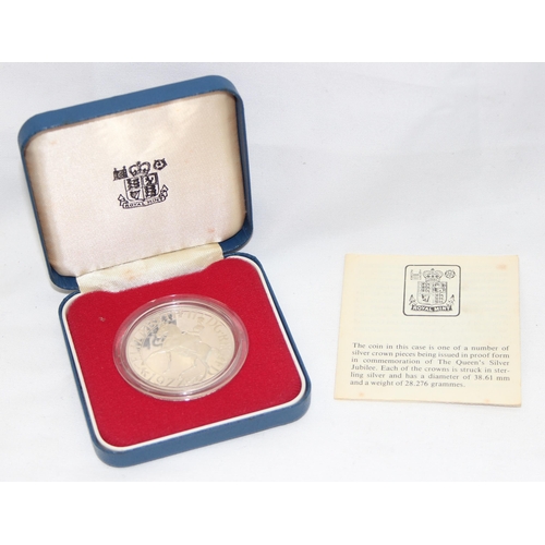 1250E - Royal Mint silver proof 1977 silver jubilee crown coin, struck in sterling silver, boxed with paperw... 