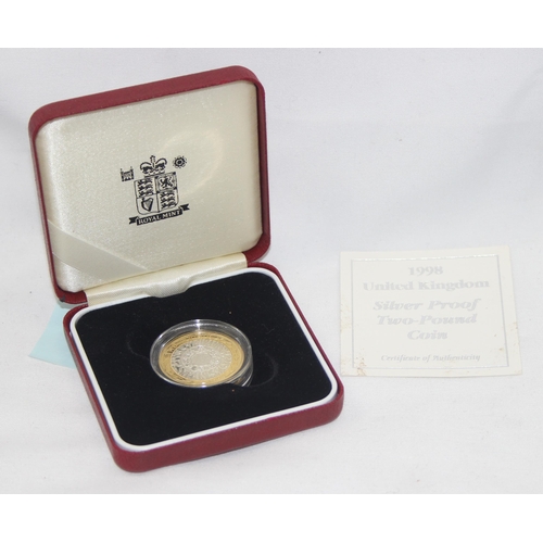 1250F - Royal Mint silver proof 1998 £2 coin, struck in sterling silver, boxed with paperwork