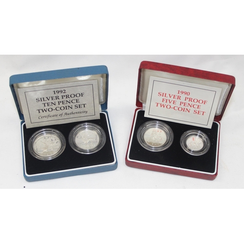 1250H - 2 boxed Royal Mint silver proof coin sets, 1990 silver proof 5p & 1992 silver proof 10p, struck in s... 