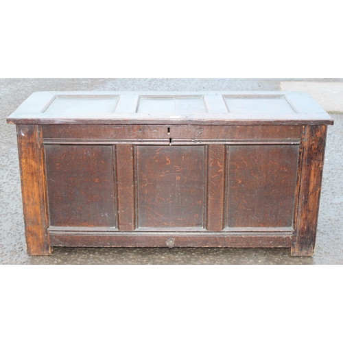 170 - An 18th century panelled oak coffer, approx 125cm wide x 53cm deep x 60cm tall