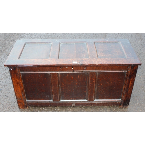 170 - An 18th century panelled oak coffer, approx 125cm wide x 53cm deep x 60cm tall