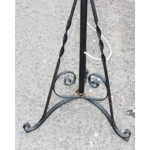 257 - 2 antique style wrought iron standard lamps both in the manner of WAS Benson, one a converted oil la... 