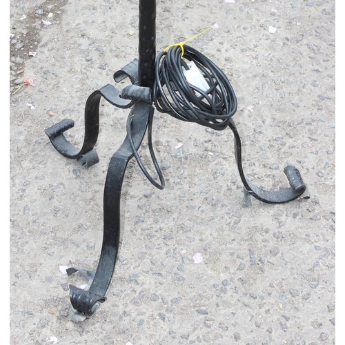 257 - 2 antique style wrought iron standard lamps both in the manner of WAS Benson, one a converted oil la... 