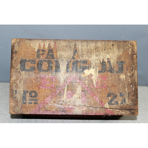 296 - A vintage wooden box with chip carved lid and pine sides, unusual writing to underside, possibly Sca... 