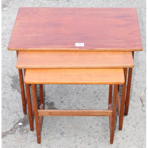 71 - A retro Norwegian made nest of 3 tables, approx 60cm wide x 37cm deep x 47cm tall