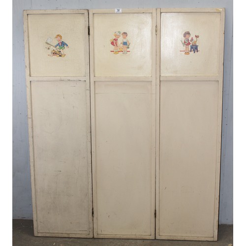 30 - A vintage mid-century painted wooden 3 fold dressing screen or room divider, approx 122cm wide x 148... 