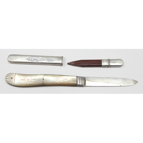 1099U - 2 silver pencil cases, ones with pencil inside, a silver and mother of pearl fruit knife, a silver m... 