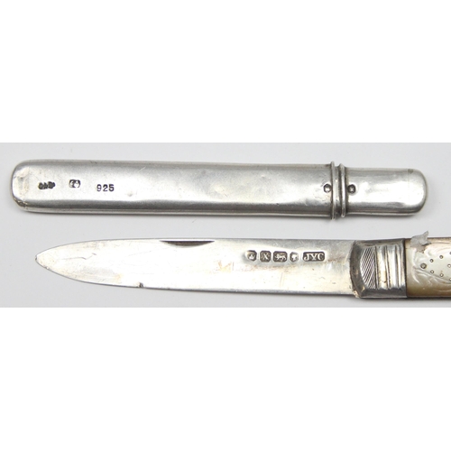 1099U - 2 silver pencil cases, ones with pencil inside, a silver and mother of pearl fruit knife, a silver m... 