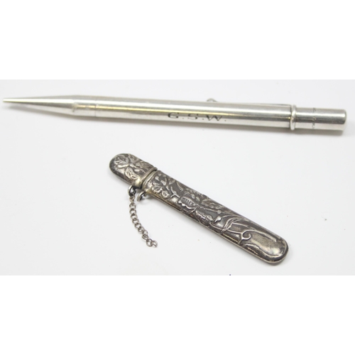 1099U - 2 silver pencil cases, ones with pencil inside, a silver and mother of pearl fruit knife, a silver m... 