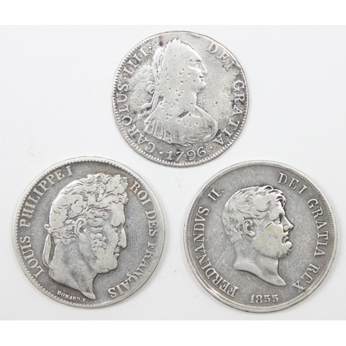 1299N - 3 assorted 18th & 19th century world silver coins, to inc a 1796 Mexico 4 Real, 1838 French 5 Franc ... 