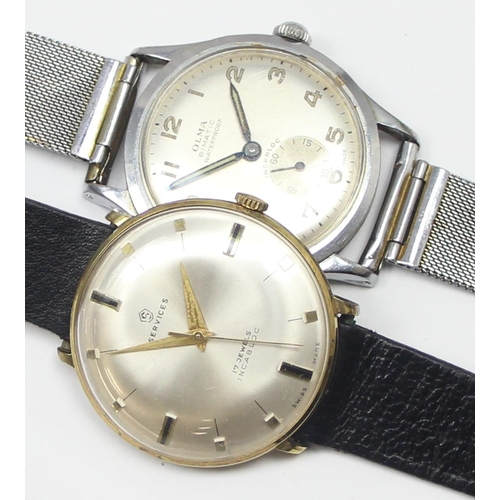 1341 - 2 vintage wristwatches, Olma Bimatic with luminous hands and numbers and a Services in gold plated c... 