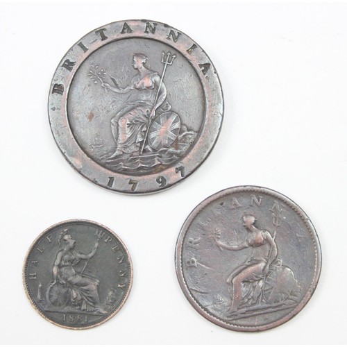 1206 - 3 antique copper coins, 1797 cartwheel copper two pence or tuppence, 1806 penny and 1881 half penny,... 