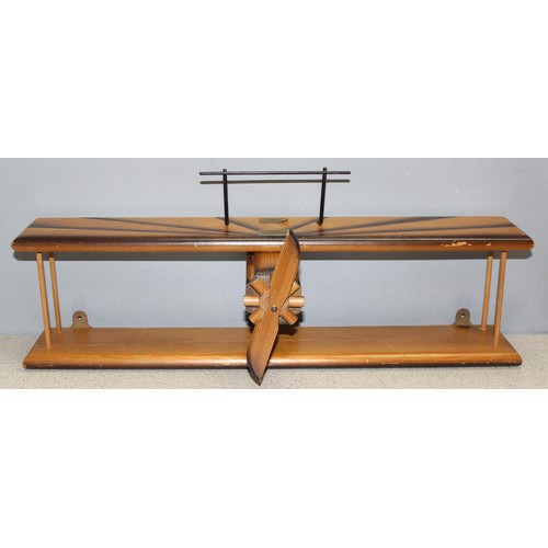 81 - Pine coffee table or stand and plane shaped wall shelf, table approx 57cm wide x 57cm deep x 53cm ta... 