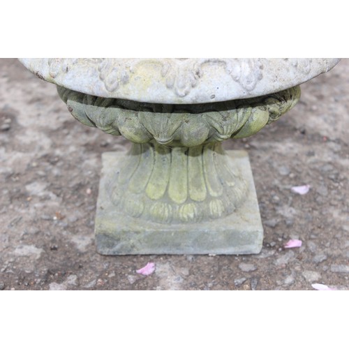 344 - 3 composite garden urn planters, largest approx 28cm diameter x 35cm tall