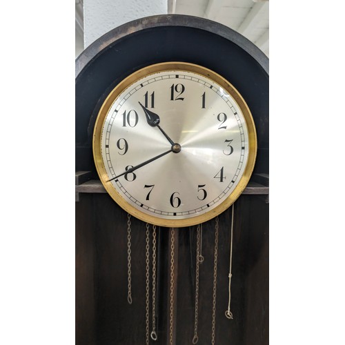 1312 - A large early 20th century grandfather clock with oak dome topped case, silvered dial and mechanical... 