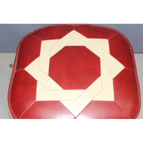 110 - Retro red and cream footstool with star decoration by Sherborne, approx 38cm x 38cm x 29cm