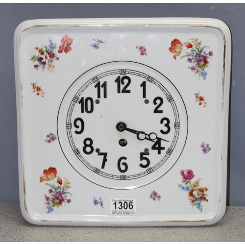 1306 - Retro Czechoslovakian made porcelain mechanical wall clock decorated with flowers, approx 31cm x 31c... 