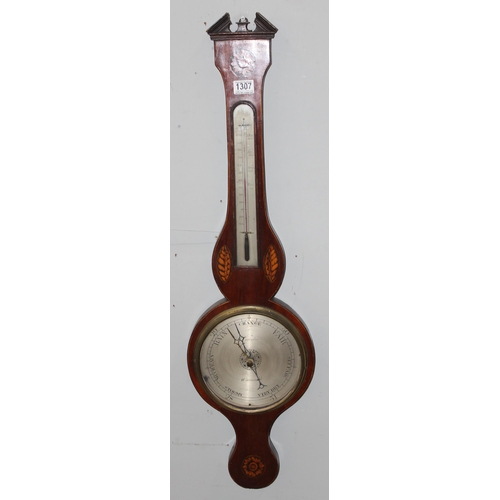 1307 - An antique mahogany cased wall barometer, approx 100cm tall