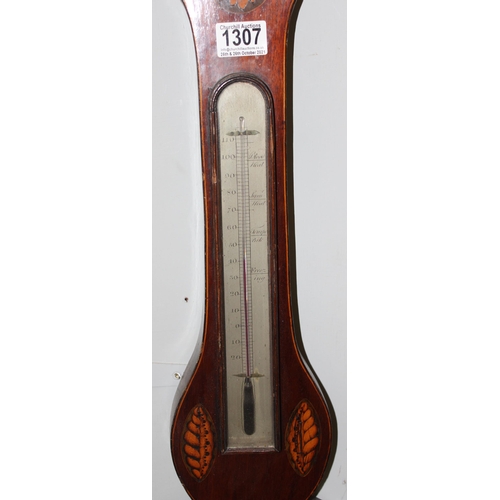 1307 - An antique mahogany cased wall barometer, approx 100cm tall