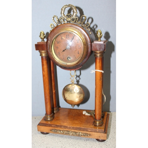 1308 - Vintage small Portico mantel clock with pendulum and key, approx 28cm H