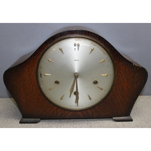 1309 - 2 wooden cased mechanical mantel clocks to incl Smiths, tallest approx 38cm