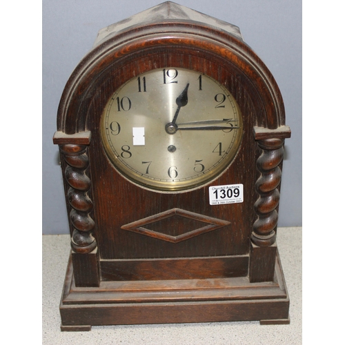 1309 - 2 wooden cased mechanical mantel clocks to incl Smiths, tallest approx 38cm