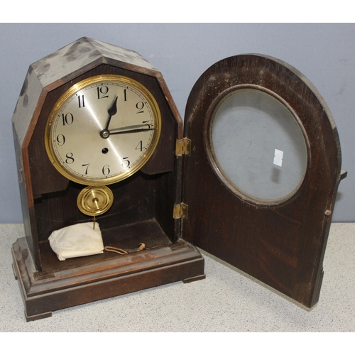 1309 - 2 wooden cased mechanical mantel clocks to incl Smiths, tallest approx 38cm