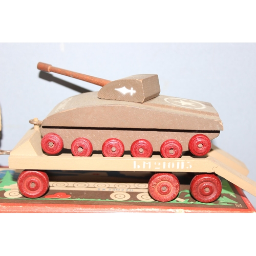 1504 - A vintage painted wooden military truck, tank and trailer, marked Bois Manu - Made in Belgium, with ... 