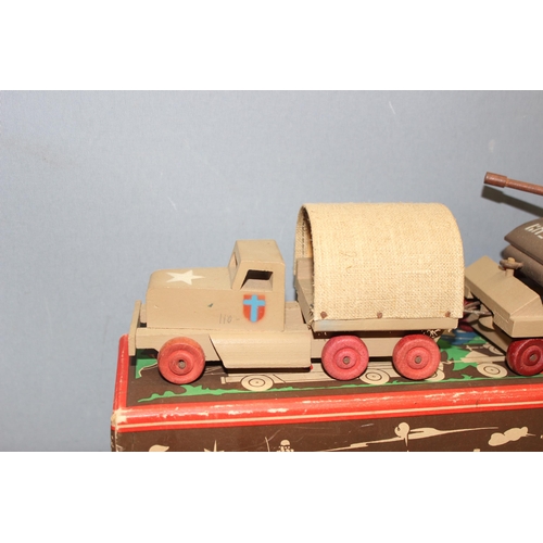 1504 - A vintage painted wooden military truck, tank and trailer, marked Bois Manu - Made in Belgium, with ... 