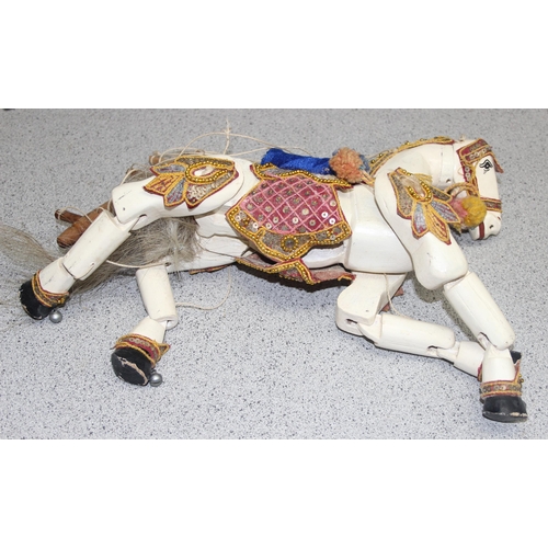 1520 - A vintage painted wooden horse puppet, possibly Indian, approx 35cm wide