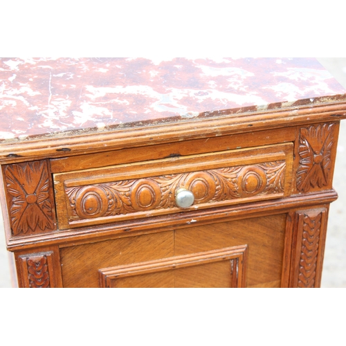 18 - A French marble topped Kingwood pot cupboard, likely late 19th century, approx 36cm wide x 36cm deep... 