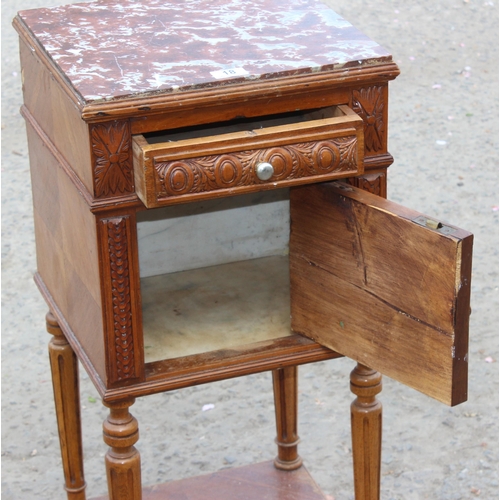 18 - A French marble topped Kingwood pot cupboard, likely late 19th century, approx 36cm wide x 36cm deep... 