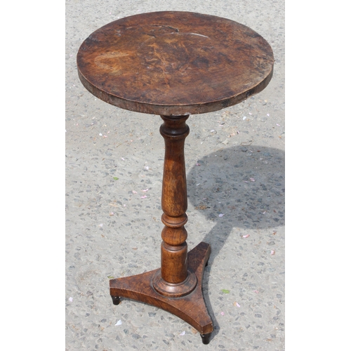 21 - An unusual antique side table with burrwood top, possibly Elm, on pedestal base, approx 41cm diamete... 