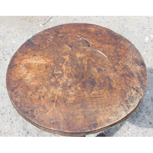 21 - An unusual antique side table with burrwood top, possibly Elm, on pedestal base, approx 41cm diamete... 