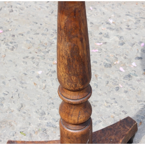 21 - An unusual antique side table with burrwood top, possibly Elm, on pedestal base, approx 41cm diamete... 