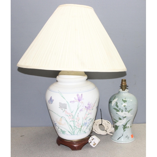 234 - A large painted glass lamp with shade, approx 70cm tall and a studio pottery lamp base (2)