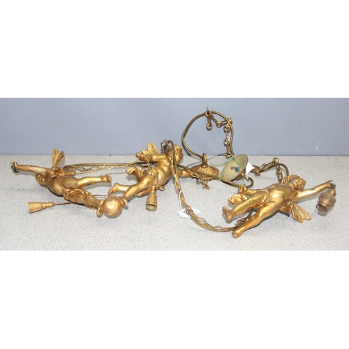 235 - 2 gilt metal hanging cherub light fittings, one a double and a single, largest approx 42cm wide x 75... 