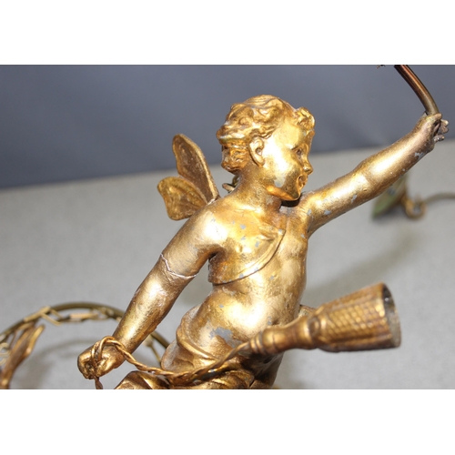 235 - 2 gilt metal hanging cherub light fittings, one a double and a single, largest approx 42cm wide x 75... 