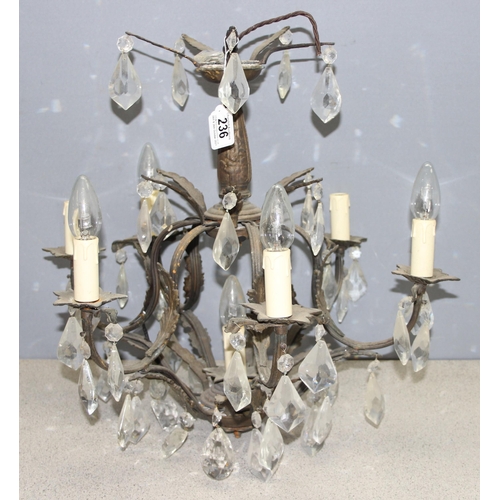 236 - A vintage distressed metal and crystal drop chandelier, approx 41cm diameter x 41cm tall