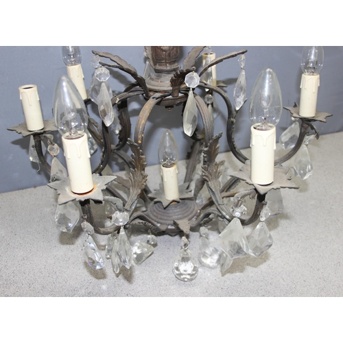 236 - A vintage distressed metal and crystal drop chandelier, approx 41cm diameter x 41cm tall