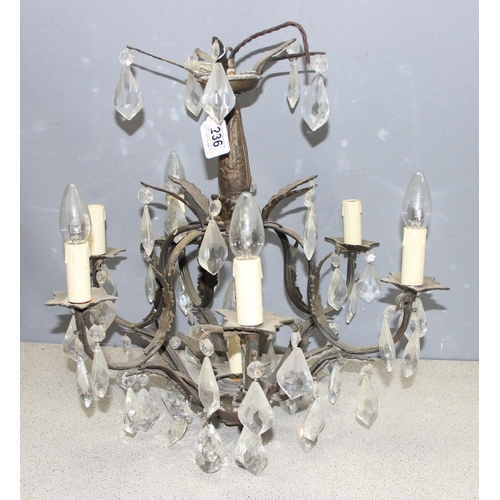 236 - A vintage distressed metal and crystal drop chandelier, approx 41cm diameter x 41cm tall