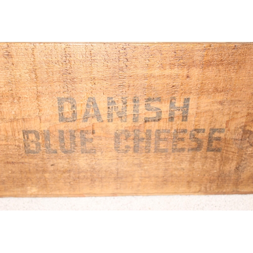 280 - A vintage Danish Blue Cheese advertising wooden box, approx 37cm x 21cm x 20cm