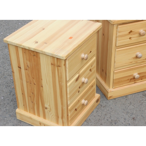 56 - A pair of pine bedside tables with 3 drawers, approx 43cm wide x 40cm deep x 61cm tall