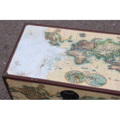 60 - 2 trunks with map design, each approx 68cm wide x 40cm deep x 45cm tall