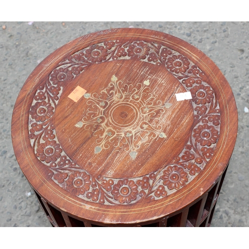 61 - A very unusual Indian carved, inlaid and slatted revolving side table or stand, approx 31cm wide x 3... 