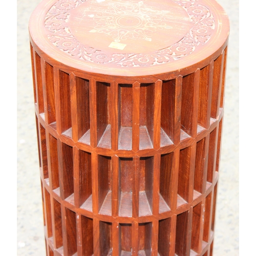 61 - A very unusual Indian carved, inlaid and slatted revolving side table or stand, approx 31cm wide x 3... 