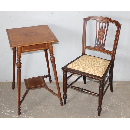 37 - An Edwardian chair and side table, both with Sheraton Revival inlay, table approx 46cm wide x 46cm d... 