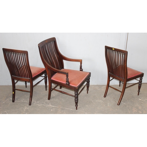 39 - A set of 3 Godwin style mahogany slat back chairs with Sheraton Revival inlay, 2 side chairs and a m... 