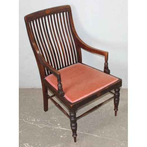 39 - A set of 3 Godwin style mahogany slat back chairs with Sheraton Revival inlay, 2 side chairs and a m... 