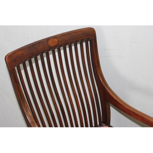 39 - A set of 3 Godwin style mahogany slat back chairs with Sheraton Revival inlay, 2 side chairs and a m... 